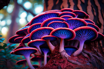 Sticker - Close up of bunch of mushrooms growing on tree trunk in forest. Generative AI.