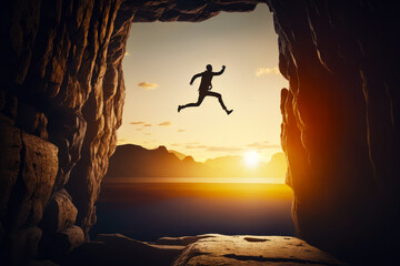 Poster - Man jumping into the air from cave into the ocean at sunset. Generative AI.