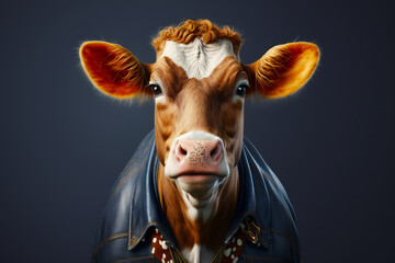 Wall Mural - Close up of cow wearing leather jacket and looking at the camera. Generative AI.