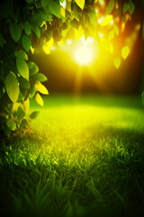 Poster - The sun shines through the leaves of tree in grassy area. Generative AI.