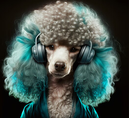 Poster - Poodle with headphones on its ears is wearing blue wig. Generative AI.