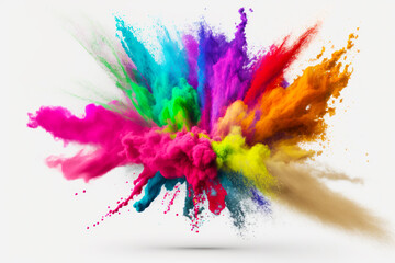 Wall Mural - Multicolored explosion of colored powder on white background with shadow. Generative AI.