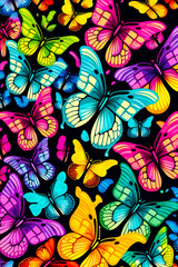 Sticker - Bunch of colorful butterflies on black background with white outline in the middle of the image. Generative AI.