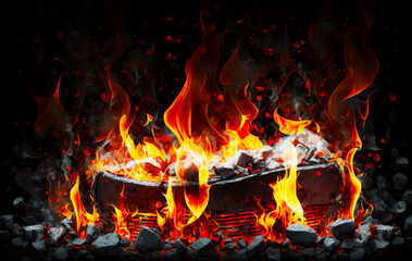 Poster - Fire burning in grill with rocks and flames surrounding it on black background. Generative AI.