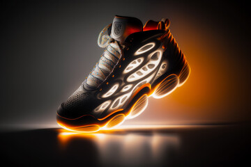 Sticker - Pair of black and orange sneakers on reflective surface with light coming from them. Generative AI.