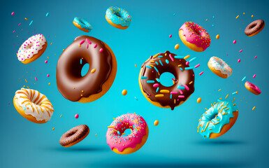 Wall Mural - Group of donuts with sprinkles flying in the air. Generative AI.