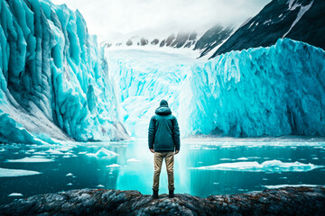 Poster - Man standing on top of rock next to body of water. Generative AI.