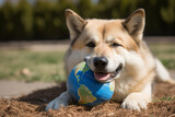 Fototapeta Sawanna - Dog with Earth ball for Earth Day. Generative AI