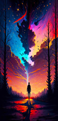 Wall Mural - man standing in the middle of forest at sunset. Generative AI.