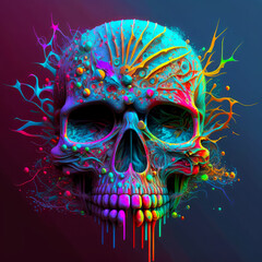 Poster - Colorful skull with splatters of paint on it's face and neck. Generative AI.