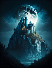 Canvas Print - Castle sitting on top of mountain under full moon filled sky. Generative AI.