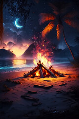 Poster - Campfire on beach at night with full moon in the sky. Generative AI.