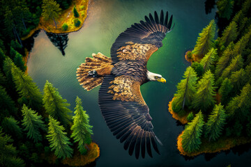 Canvas Print - bald eagle flying over lake surrounded by pine trees. Generative AI.