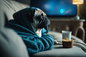 Sticker - Pug dog wrapped in blanket sitting on couch next to glass of milk. Generative AI.