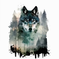  A striking wolf gazes out from a misty watercolor forest Generative Ai