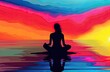 © zhOngphO - Woman Meditating on Beach with Rainbow Sunset Reflection (AI Generated).