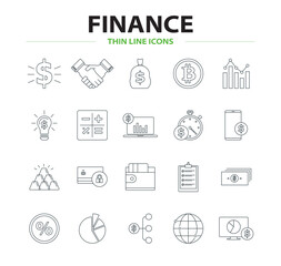 Sticker - Finance and money thin line icons collection, business icons, money payments elements symbols, editable stroke. Tax, finance, earnings, people, bank, cryptocurrency vector icon.