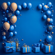 © mina709 - Blue birthday banner decor with balloons and presents, copy space available, created by Generative AI