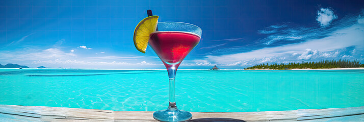 Wall Mural - Cocktail on tropical beach with blue sky and clear water.