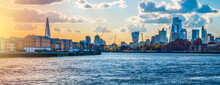 River Thames And Central London Buildings During Sunset , View From Canary Wharf