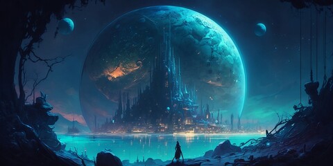 water planet with blue city with blue moon background