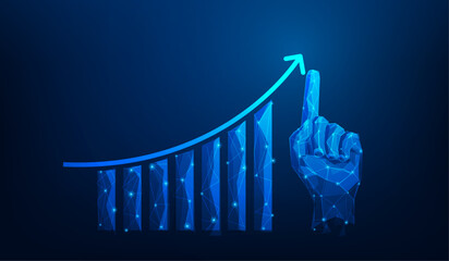 Wall Mural - business strategy arrow growth with hand on blue background. investment finance graph stock market increase. vector illustration fantastic technology.