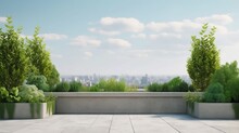 3D Display Podium. Rooftop Garden 3D Background, Green Terrace Podium Display With Lush Plants, Flowers, And Panoramic City Views. Urban Oasis Setting For Cosmetic Product Presentation. Generative Ai.