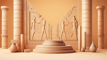 Wall Mural - 3D display podium. Ancient Egypt 3D background, hieroglyph - covered podium display with majestic columns and mystical symbols. Historic setting for cosmetic product presentation. Generative ai.