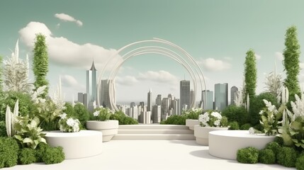 Wall Mural - 3D display podium. Rooftop garden 3D background, green terrace podium display with lush plants, flowers, and panoramic city views. Urban oasis setting for cosmetic product presentation. Generative ai.