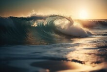 Majestic Waves Crashing On Shore At Dawn, Vibrant Colors, Beautiful Seascape, Nature's Power, Coastal Scene, Generative Ai