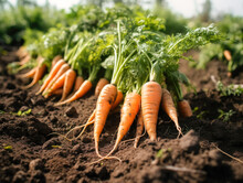 Carrot On Ground , Fresh Carrots Growing In Carrot Field Vegetable Grows In The Garden In The Soil Organic Farm Generative AI