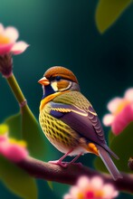 A Tiny Finch On A Branch With Spring Flowers On Background:1.0, Aesthetically Inspired By Evelyn De Morgan, Art By Bill Sienkiewicz And Dr. Seuss, Ray Tracing, Volumetric Lighting, Octane Render.