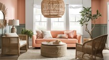 A Breezy Coastal Chic Living Room With A Coral And Jute Color Scheme, A Woven Pendant Light, And A Rattan Coffee Table, Generative Ai