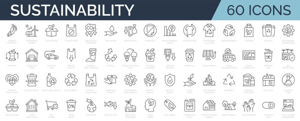 set of 60 thin line icons related to sustainability, environmental, ecological, recyling, green, org