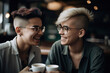 Young attractive LGBT Lesbian couple drink coffee and have a rest in cozy loft coffee shop. Generative ai