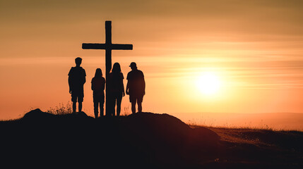 Wall Mural - Silhouettes of people at the cross at sunset, generative AI.