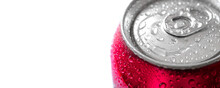 Fresh Can of Red Soda Pop Soft Drink Water Drops Chilled Refreshing Cold