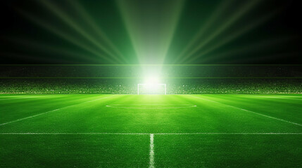 green soccer field, bright spotlights