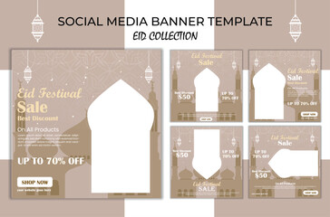 Social media post Eid discount template. Eid sale social media post template banners.