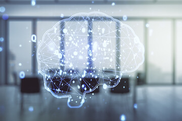 Wall Mural - double exposure of creative artificial intelligence interface on a modern meeting room background. n
