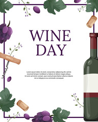 wine day. template for flyer, banner, invitation, advertisement. wine bottle, grapes, corkscrew, leaves, cork. Vector. Cartoon