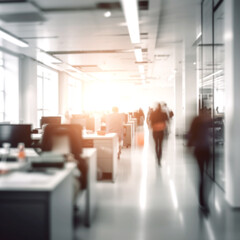 businesspeople walking in the corridor of an business center, pronounced motion blur, crowded bright modern light office movement defocused. office background