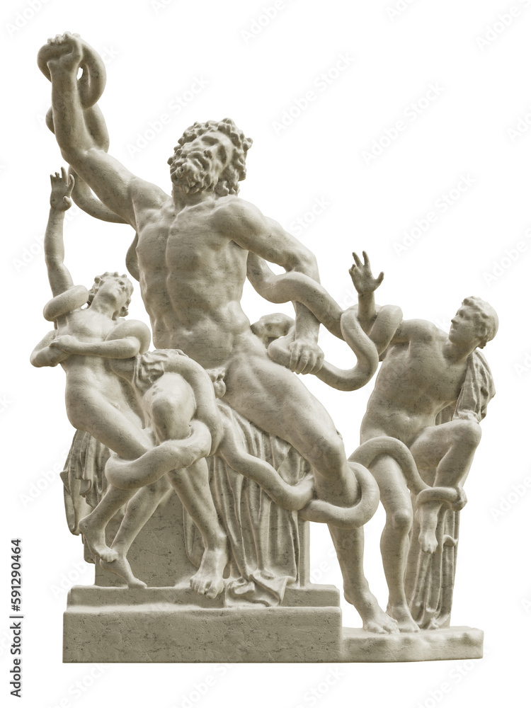 Laocoön and His Sons classical sculpture isolated on transparent background. 3D rendering