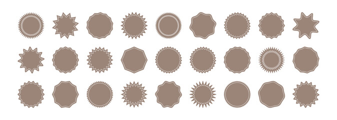 Wall Mural - Sticker star shape, badge starburst, price tag circle, sale round vector icon, sun label, brown sign isolated on white background. Award, achievement, medal set. Simple illustration