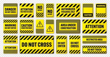 Various black and yellow warning signs with diagonal lines. Attention, danger or caution sign, construction site signage. Realistic notice signboard, warning banner, road shield. Vector illustration