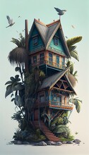 Art Image Of Magic Rainforest Tower House. Isolated Creative Building. Generative AI Illustration