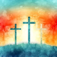 Sticker - Three crosses on a blurred colored background, generative AI.