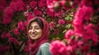 Portrait of a fictional iranian woman model smiling and wearing a veil, posing in a field of pink flowers. Generative AI illustration.