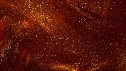 Wall Mural - Golden Particles Floating in Red Liquid. Vortex of Gold Dust particles swirl and abstract float in red fluid. Abstract moving background.