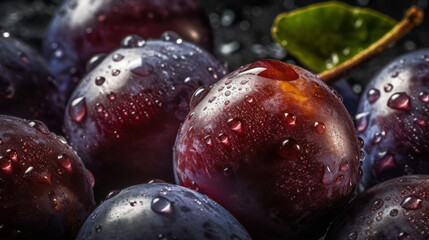 Wall Mural - close-up of plum fruits in water drops. Created by AI.